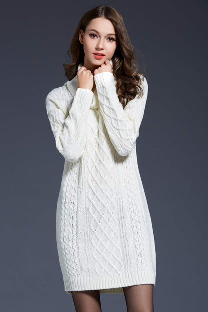 Woven Right Full Size Mixed Knit Cowl Neck Dropped Shoulder Sweater Dress - Siennasass