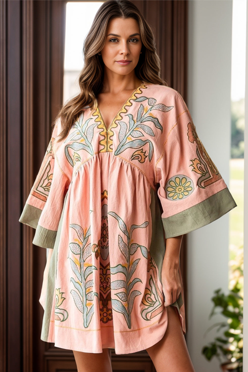 Printed V-Neck Three-Quarter Sleeve Mini Dress - Siennasass