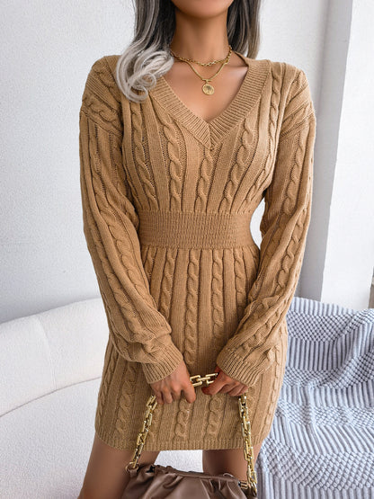 Cable-Knit V-Neck Mini Sweater Dress - Siennasass