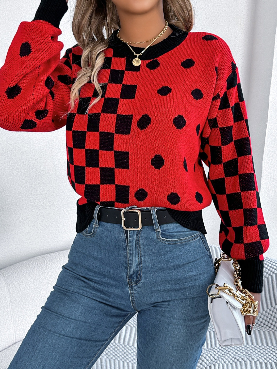 Plaid Round Neck Long Sleeve Sweater - Siennasass