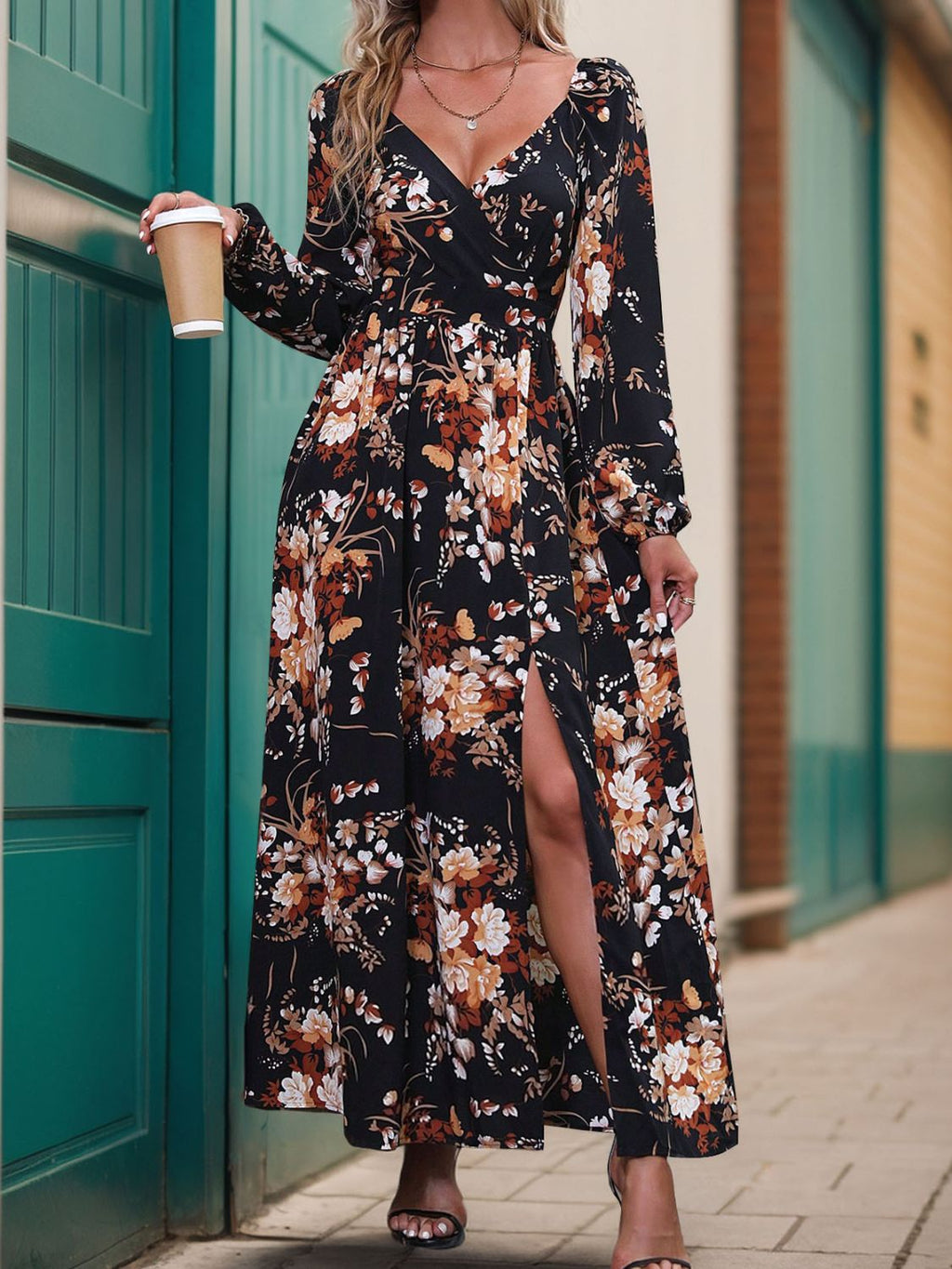 Slit Printed Surplice Long Sleeve Maxi Dress - Siennasass