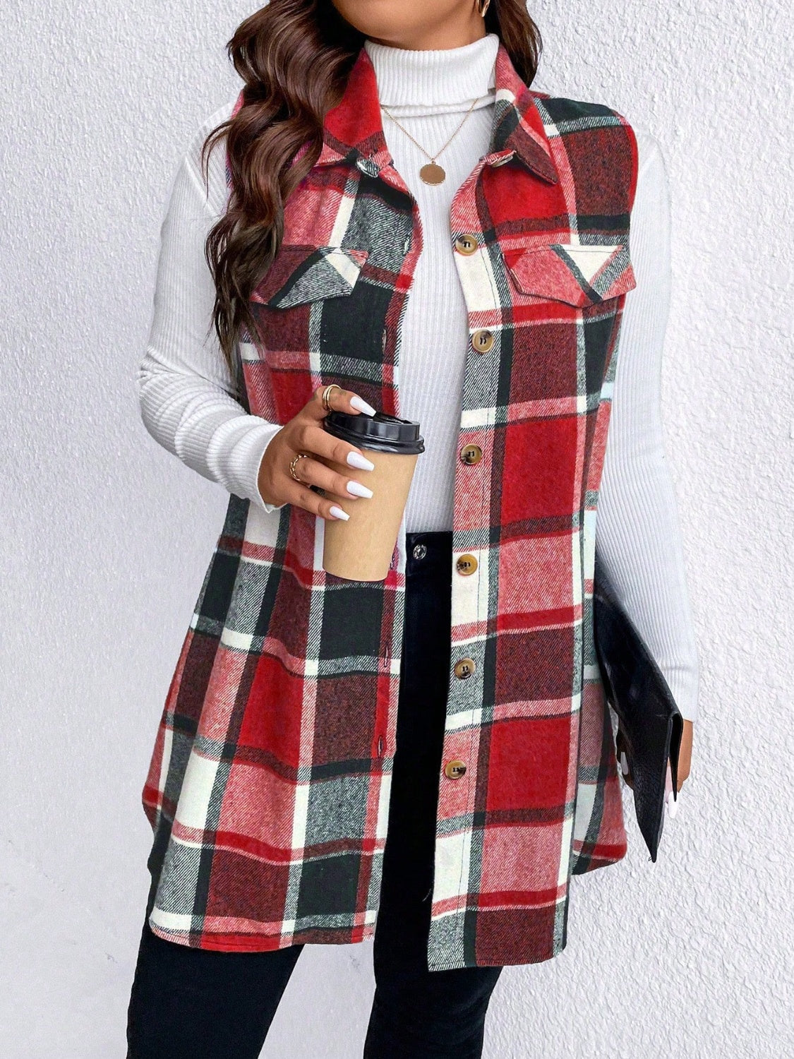 Honey Plus Size Pocketed Plaid Button Up Vest Coat - Siennasass