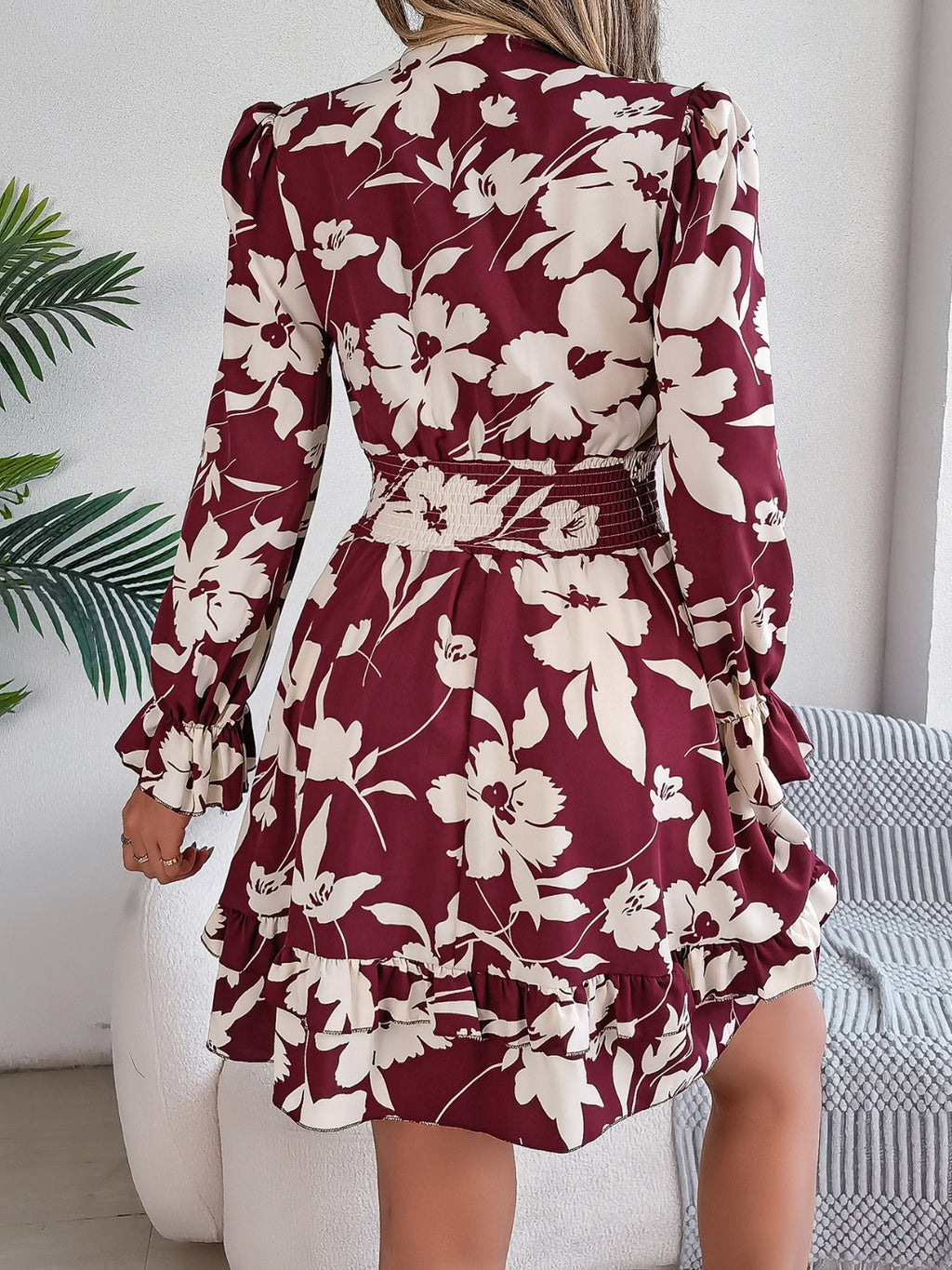 Tied Ruffled Printed Long Sleeve Dress - Siennasass