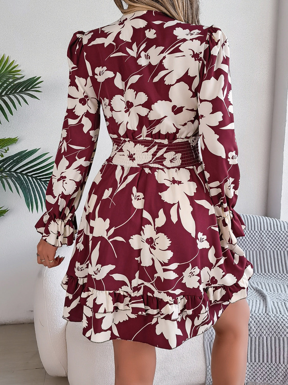 Tied Ruffled Printed Long Sleeve Dress - Siennasass