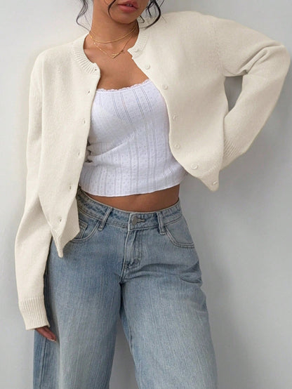 Chic Solid Color Slim Fit Short Cardigan Sweater - Long Sleeve Knit