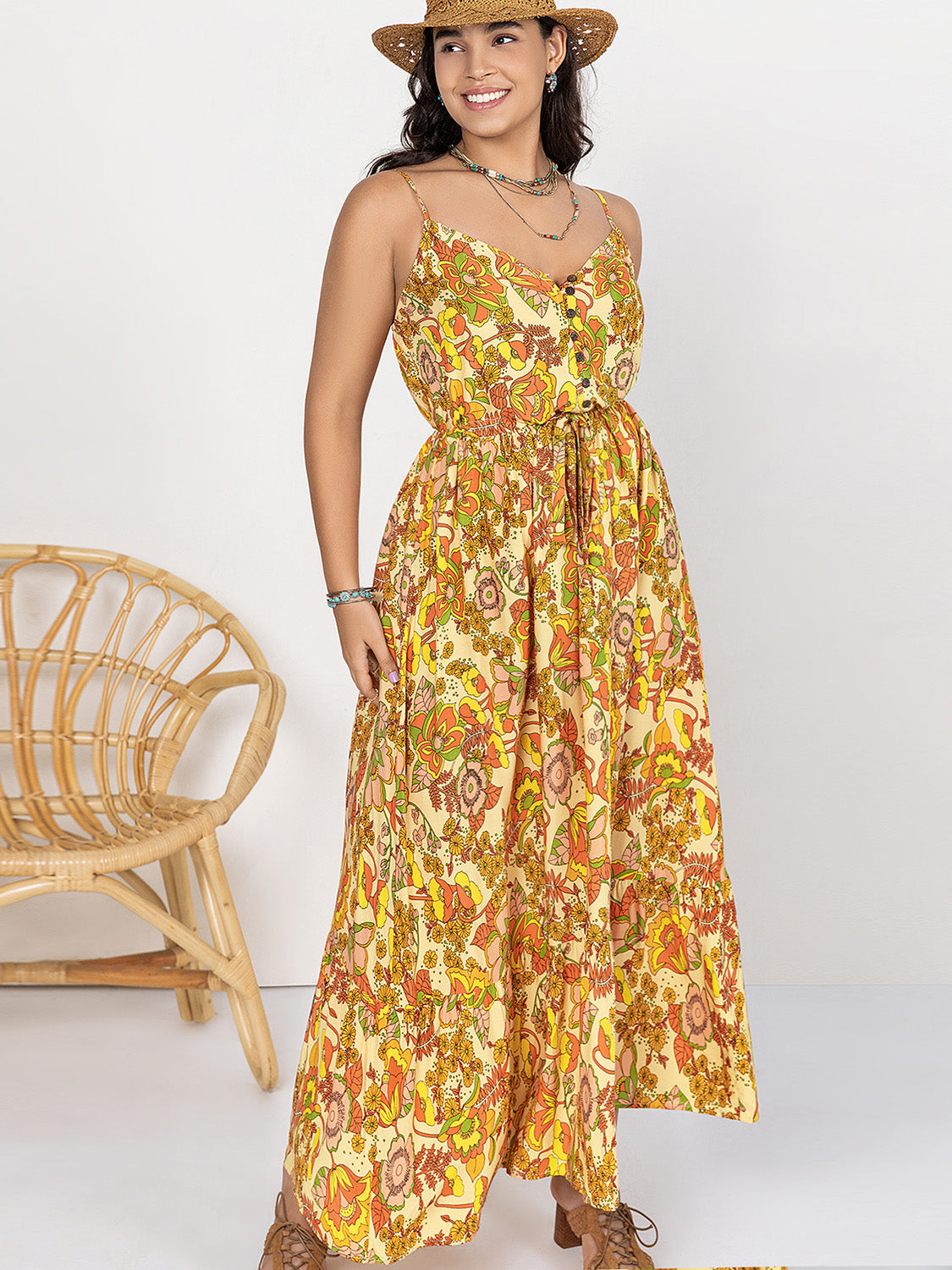 Plus Size Printed V-Neck Maxi Cami Dress - Siennasass