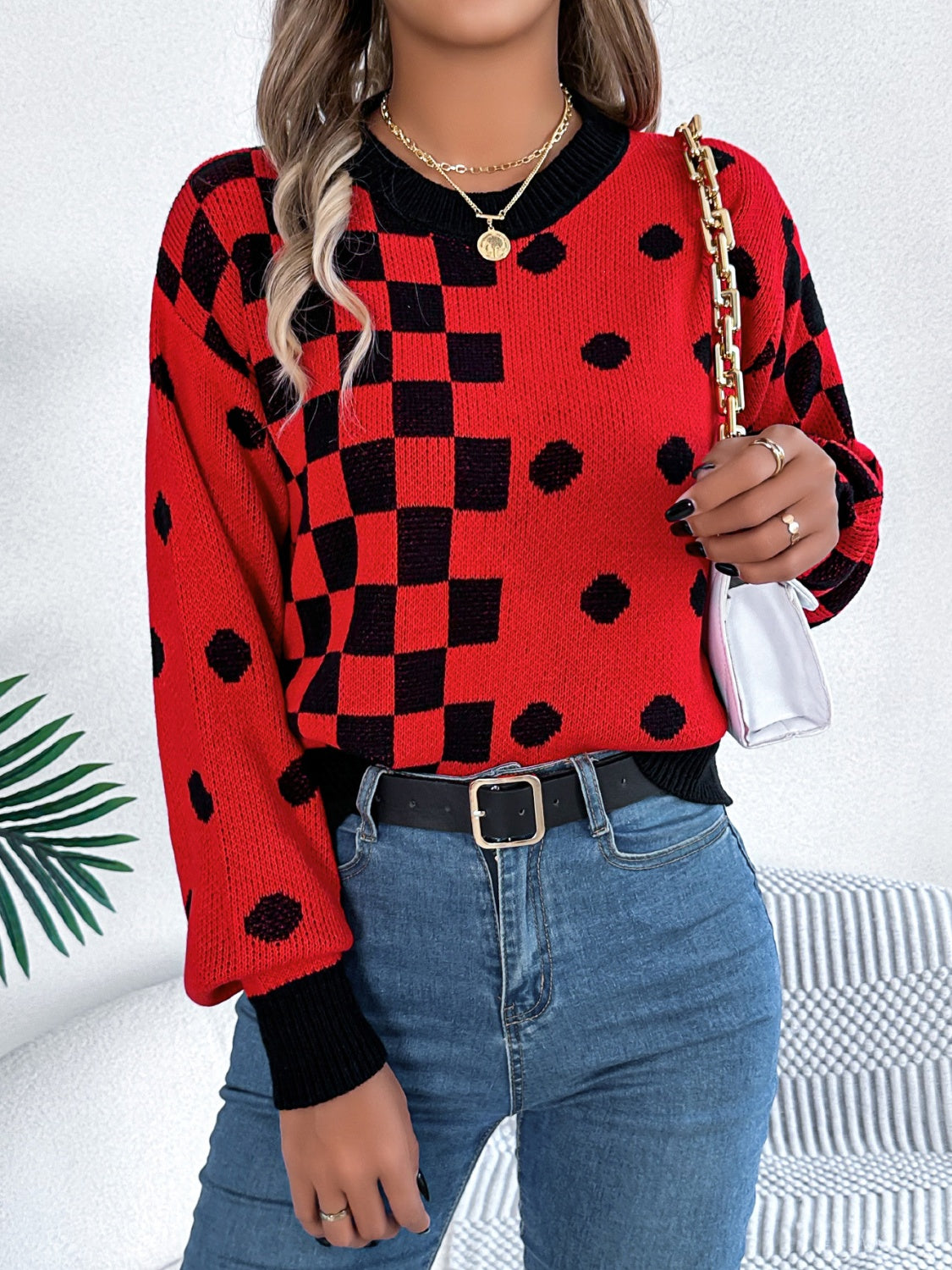 Plaid Round Neck Long Sleeve Sweater - Siennasass