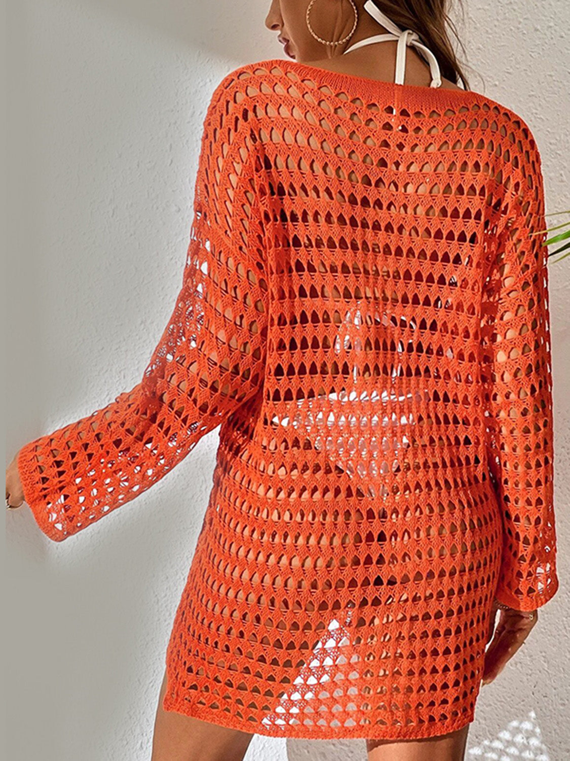 Openwork Boat Neck Long Sleeve Cover-Up - Siennasass