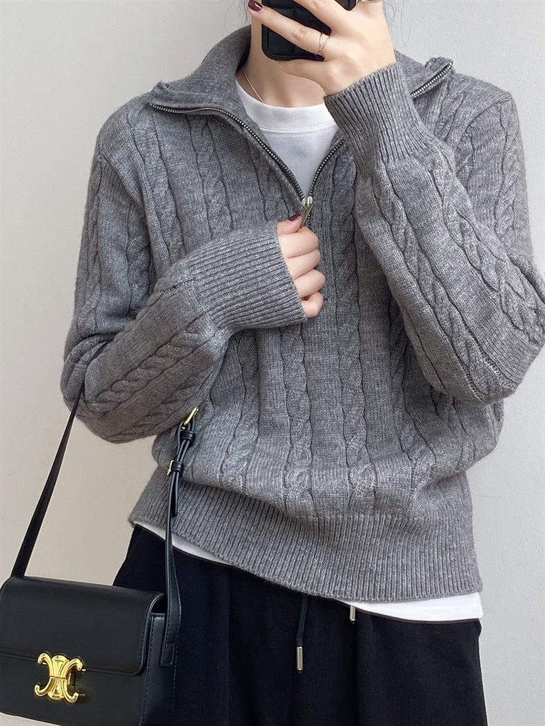 Cable-Knit Half Zip Long Sleeve Sweater - Siennasass