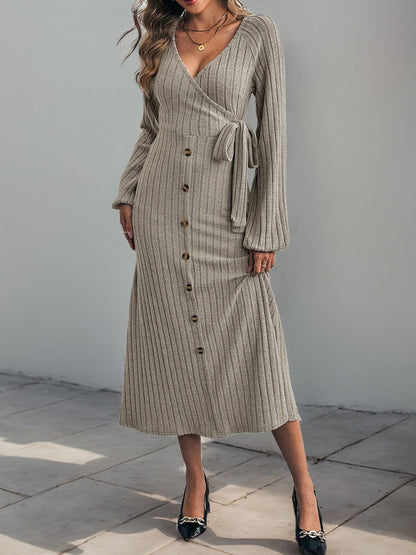 Perfee Ribbed Tied Surplice Long Sleeve Dress - Siennasass