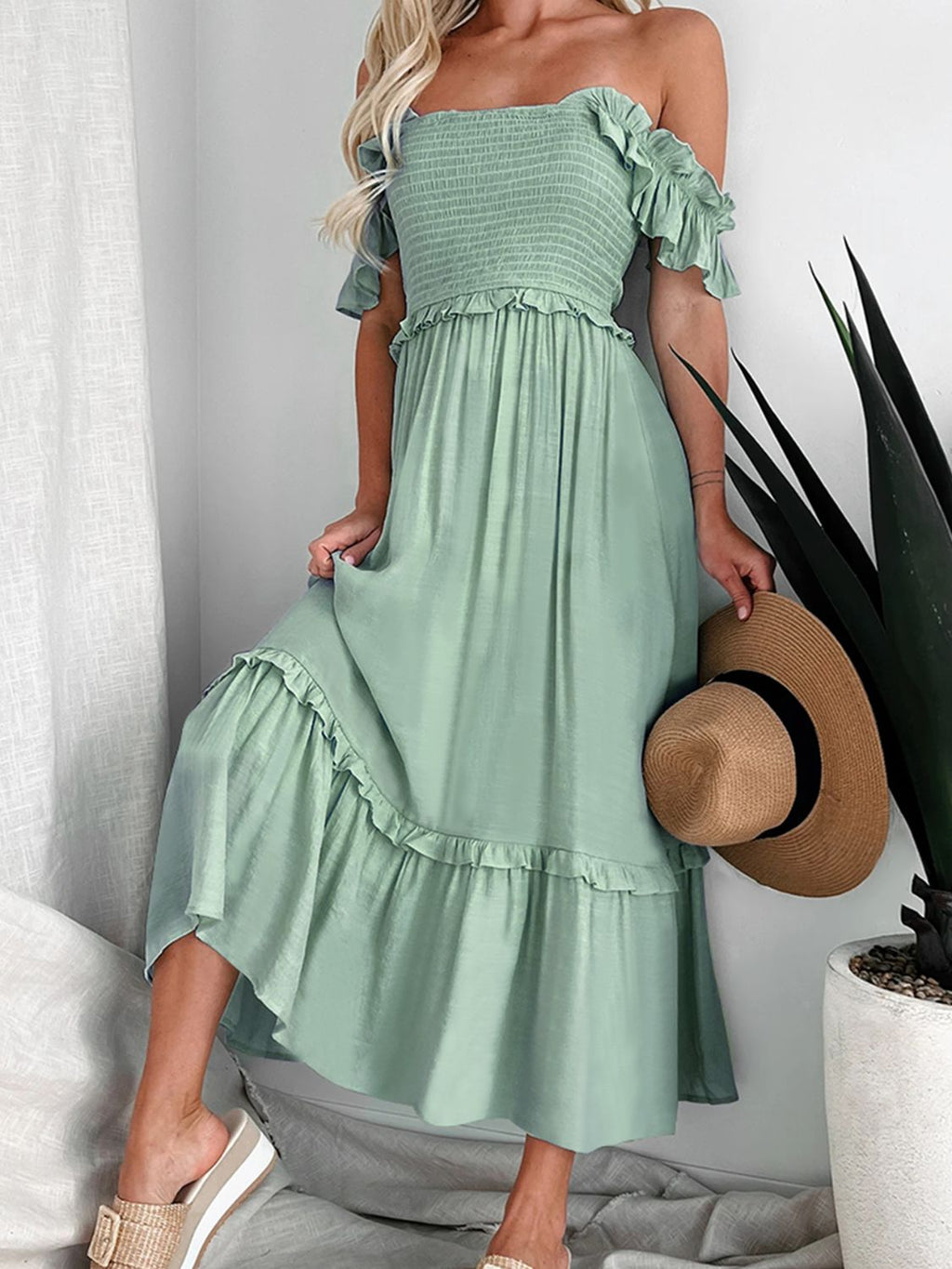 Frill Smocked Off-Shoulder Ruffle Sleeve Dress - Siennasass