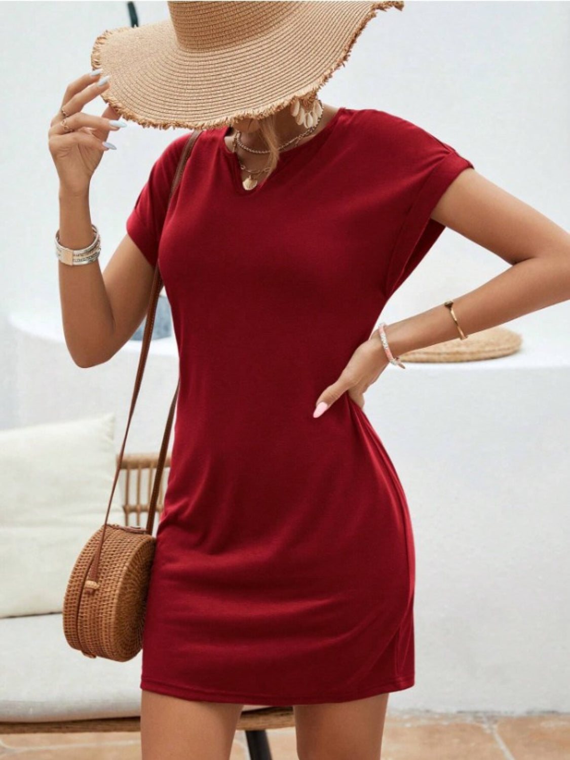 Notched Short Sleeve Mini Tee Dress - Siennasass