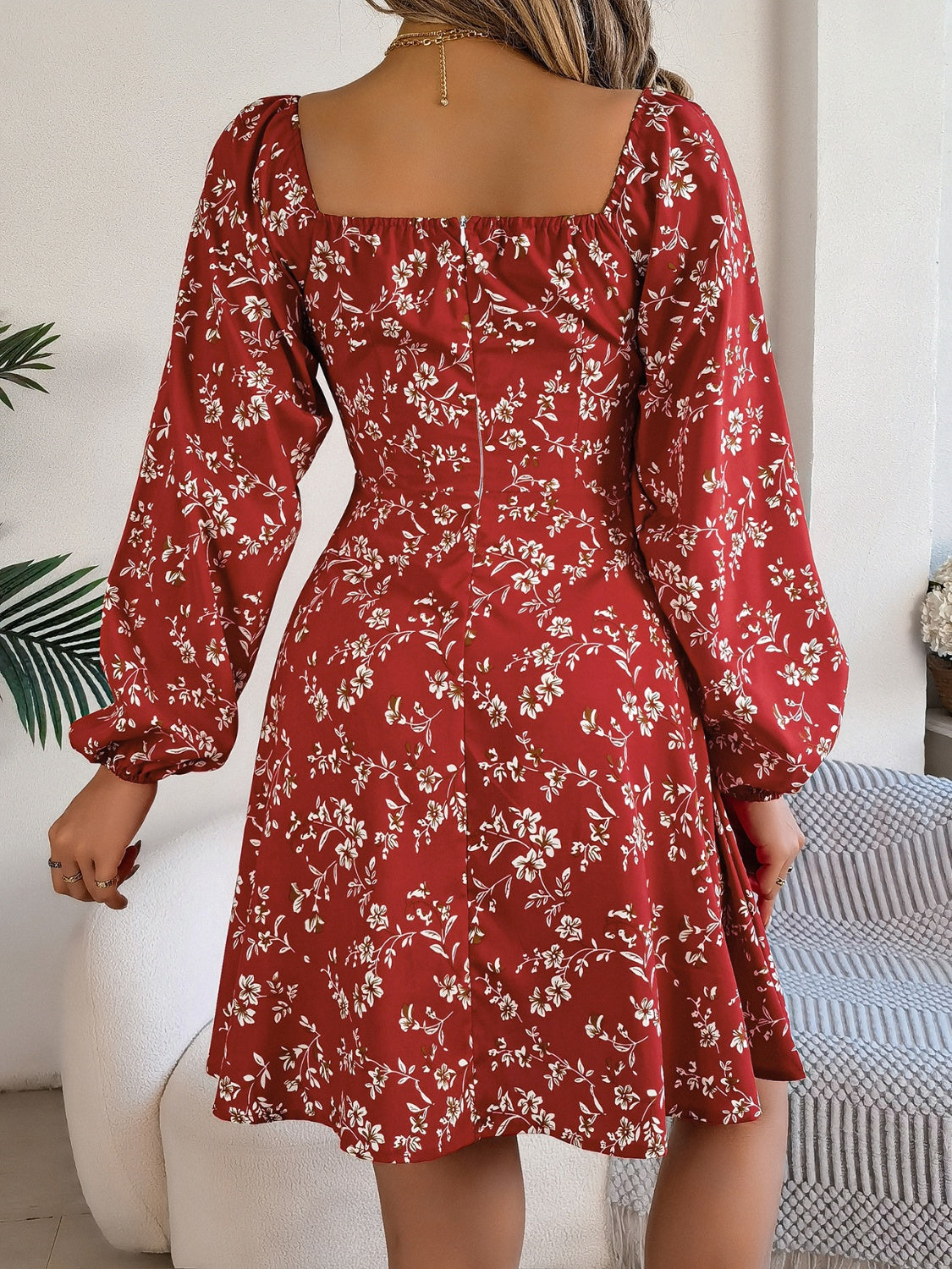 Printed Sweetheart Neck Balloon Sleeve Mini Dress - Siennasass