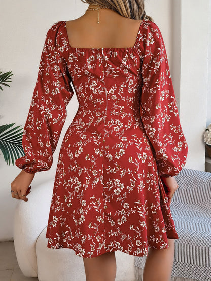 Printed Sweetheart Neck Balloon Sleeve Mini Dress - Siennasass