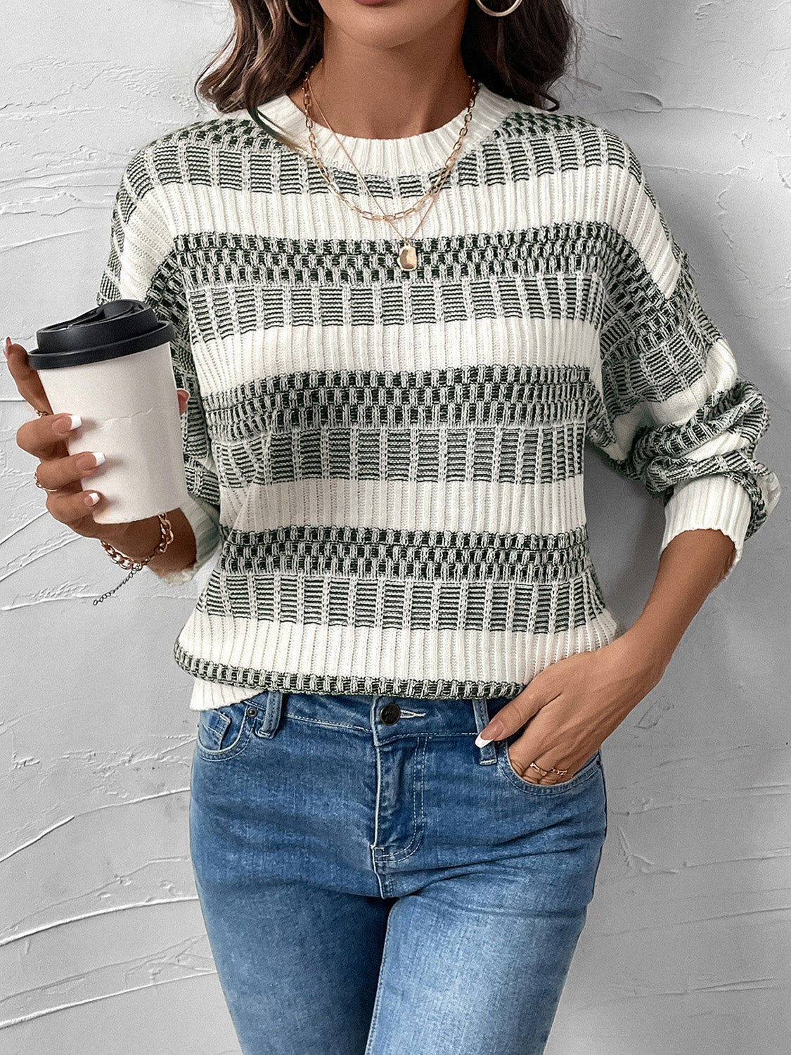 Perfee Contrast Round Neck Long Sleeve Sweater - Siennasass