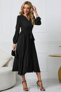 V-Neck Long Sleeve Tie Waist Midi Dress - Siennasass