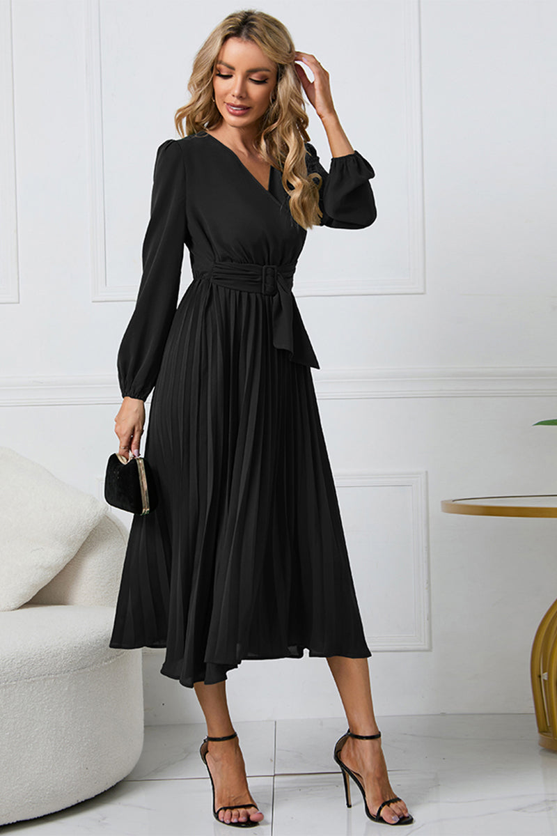 V-Neck Long Sleeve Tie Waist Midi Dress - Siennasass