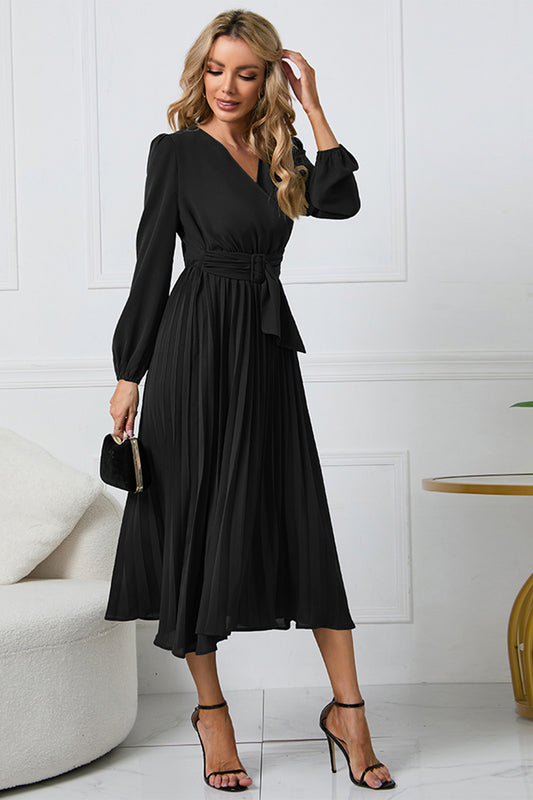 V-Neck Long Sleeve Tie Waist Midi Dress - Siennasass