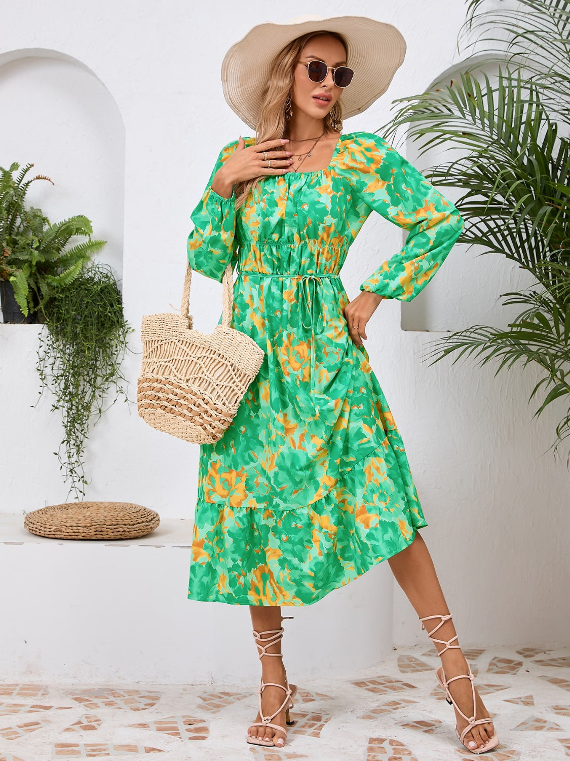 Printed Long Sleeve Midi Dress - Siennasass