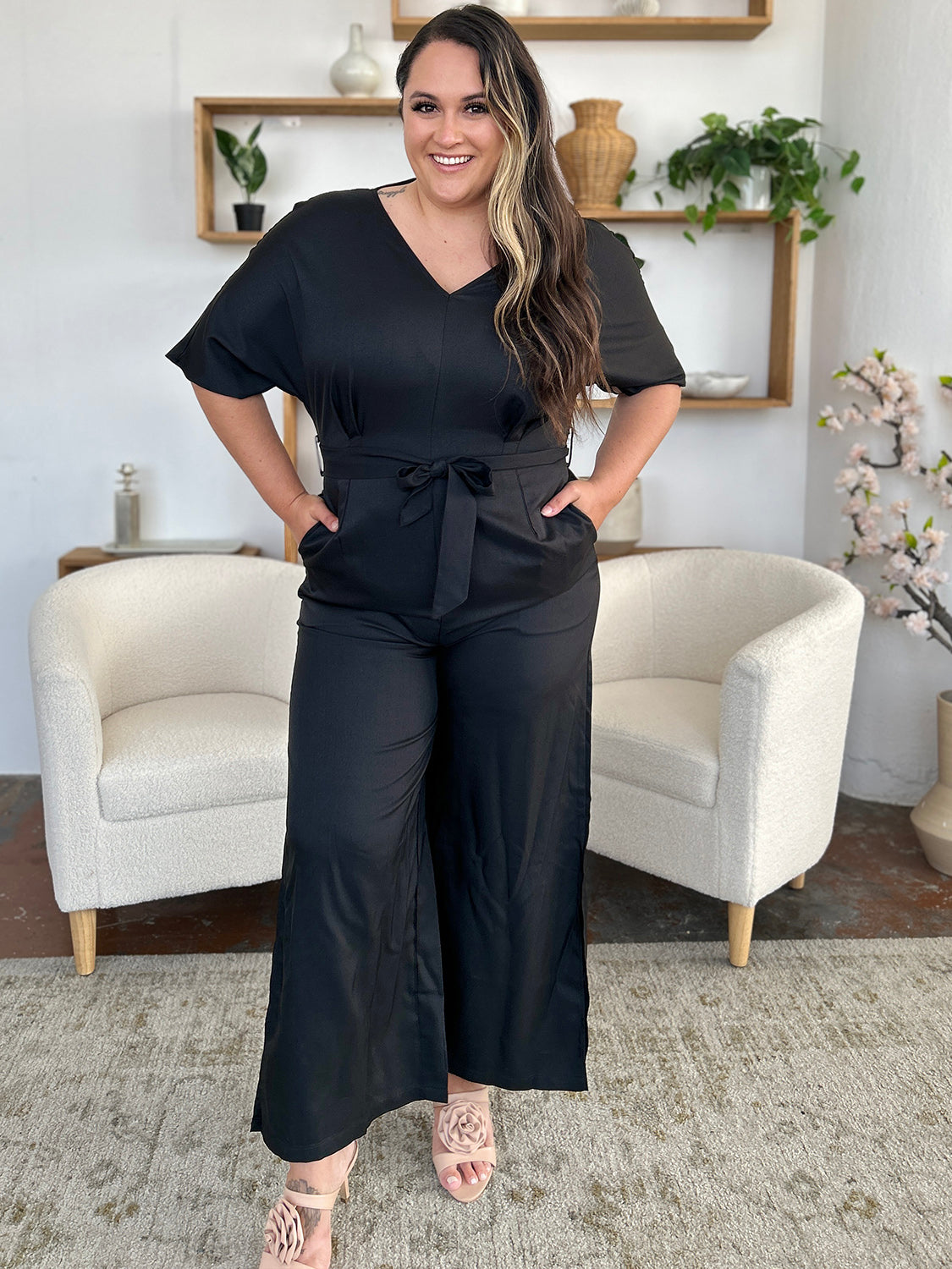 Double Take Full Size V-Neck Tie Front Short Sleeve Slit Jumpsuit - Siennasass