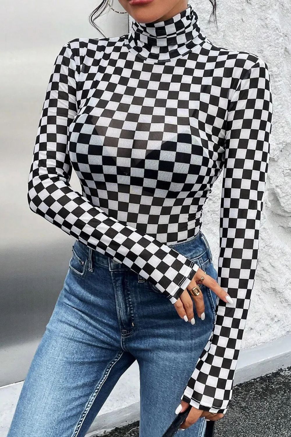Checkered Turtleneck Long Sleeve Bodysuit - Siennasass