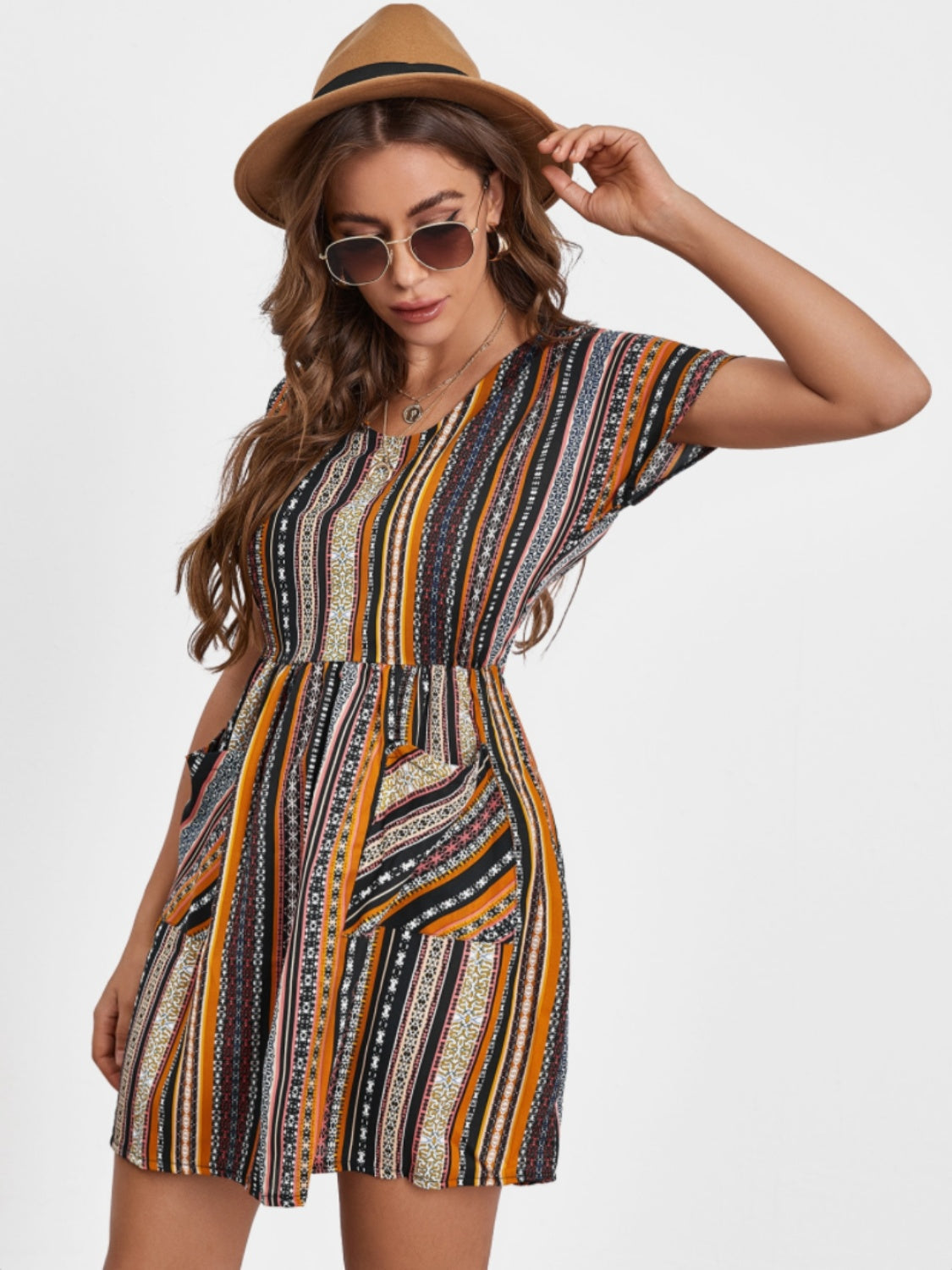 Pocketed Striped Short Sleeve Dress - Siennasass