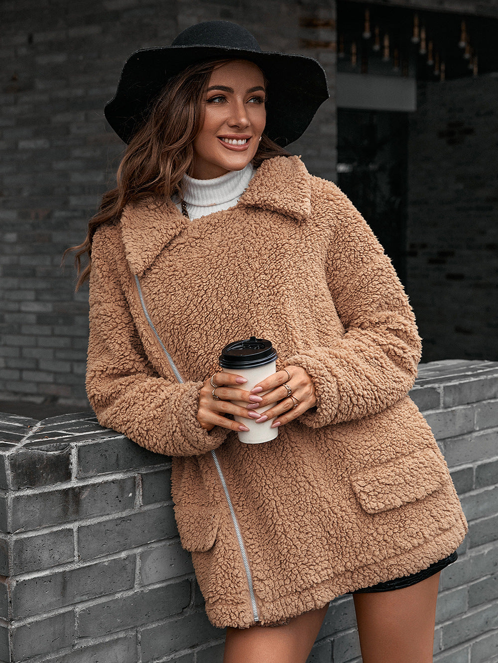 Zip-Up Collared Teddy Jacket - Siennasass