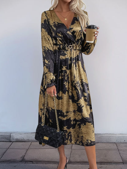 Perfee – Bedrucktes, langärmliges Midikleid mit Überwurf