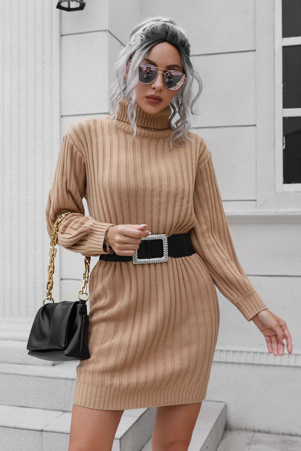 Ribbed Turtle Neck Long Sleeve Mini Sweater Dress - Siennasass