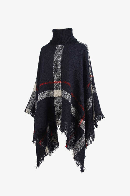 Plaid Turtleneck Raw Hem Poncho - Siennasass