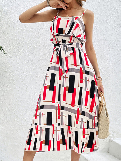 Ruffled Printed Tie Waist Midi Dress - Siennasass