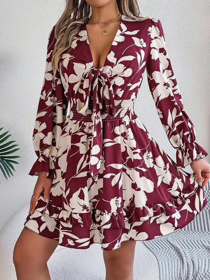 Tied Ruffled Printed Long Sleeve Dress - Siennasass