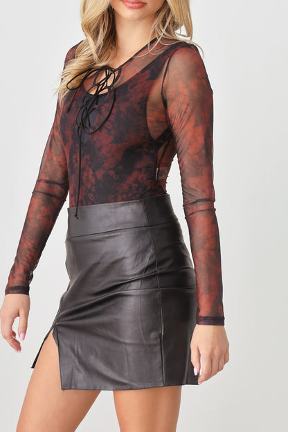 HERA COLLECTION Abstract Mesh Lace-Up Long Sleeve Bodysuit - Siennasass