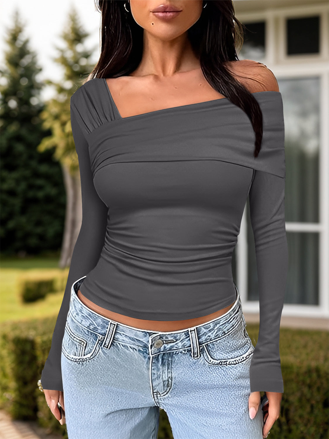 Ruched One Shoulder Long Sleeve T-Shirt - Siennasass