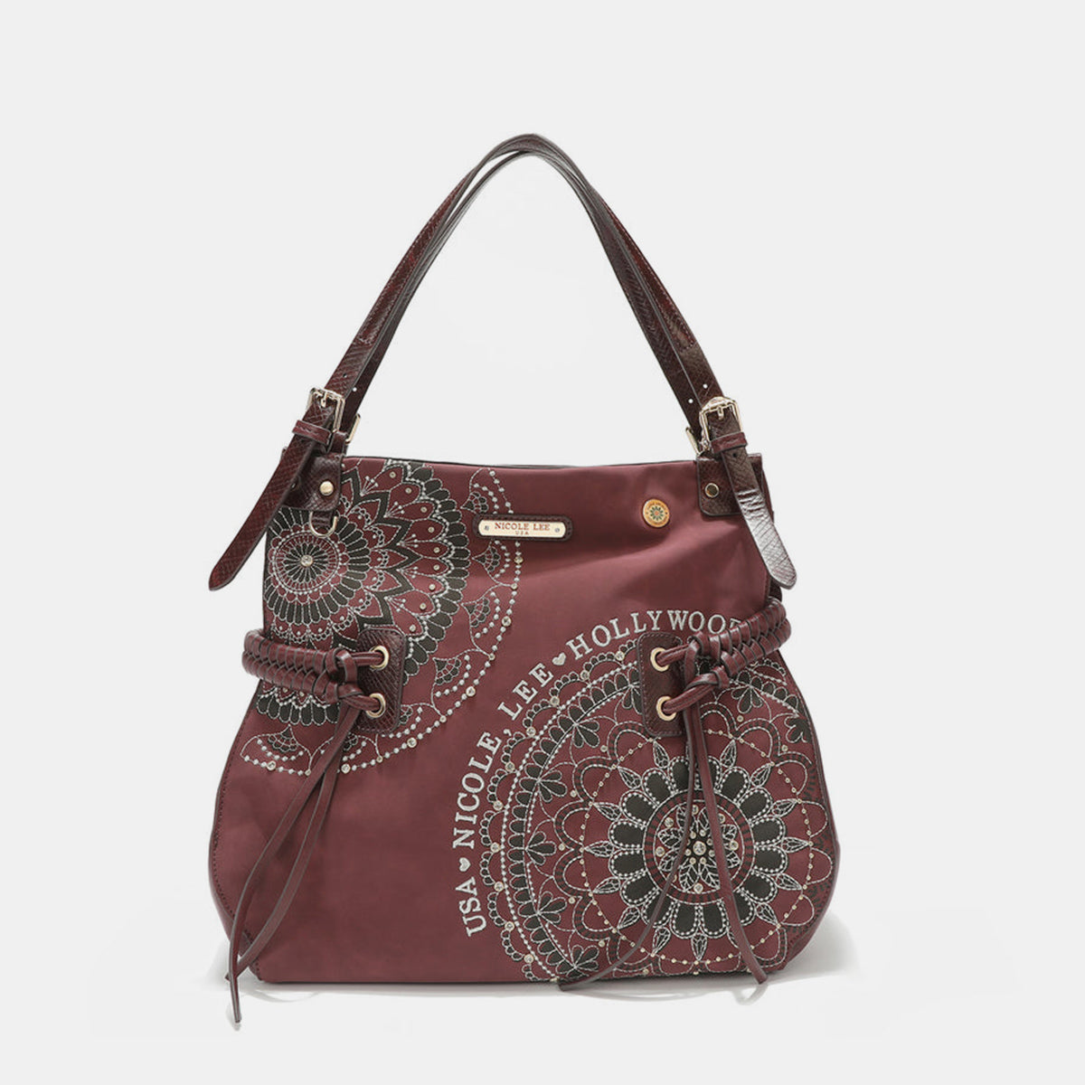 Nicole Lee USA Side Braided Tassel Inlaid Rhinestone Embroidery Hobo Bag - Siennasass