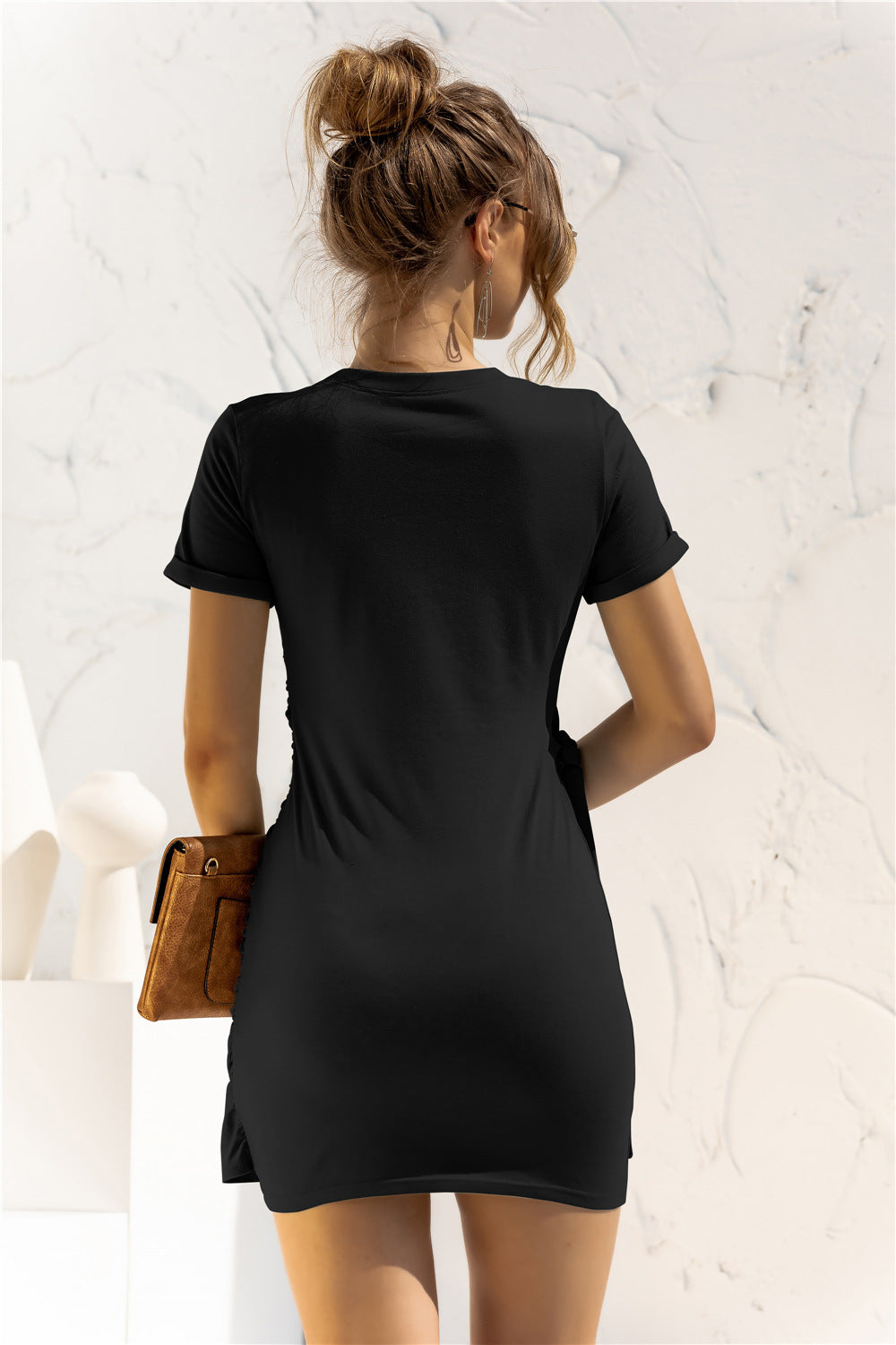Round Neck Cuffed Sleeve Side Tie Dress - Siennasass