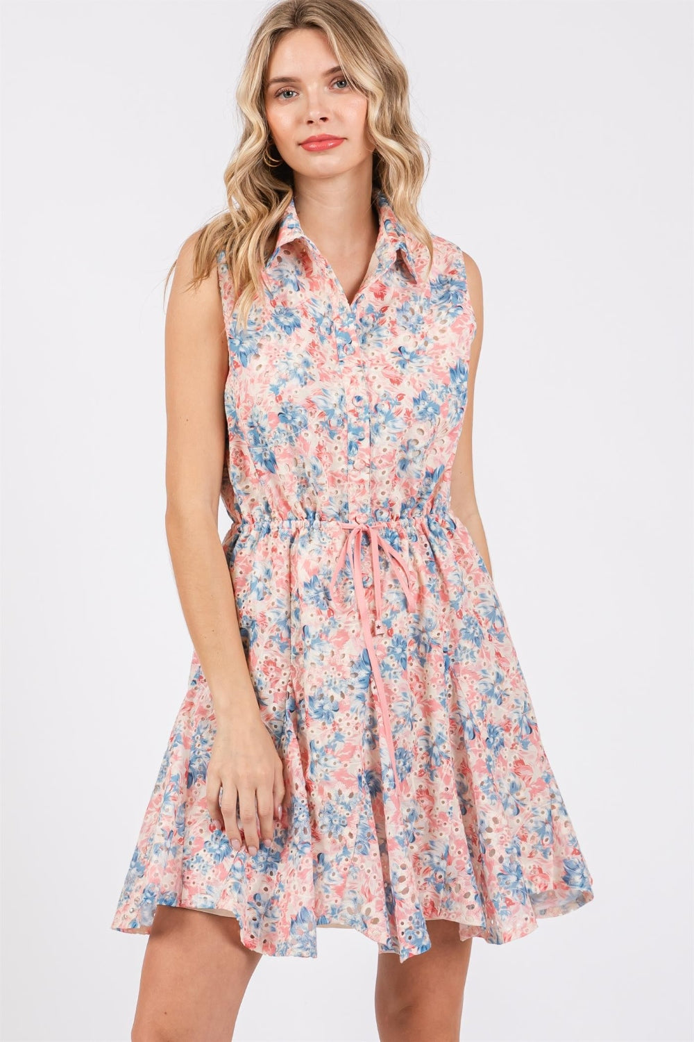 GeeGee Full Size Floral Eyelet Sleeveless Mini Dress - Siennasass