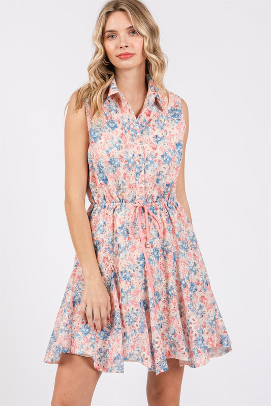 GeeGee Full Size Floral Eyelet Sleeveless Mini Dress - Siennasass