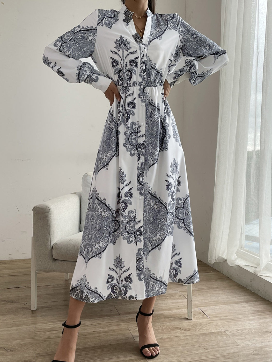 Printed Notched Lantern Sleeve Midi Dress - Siennasass