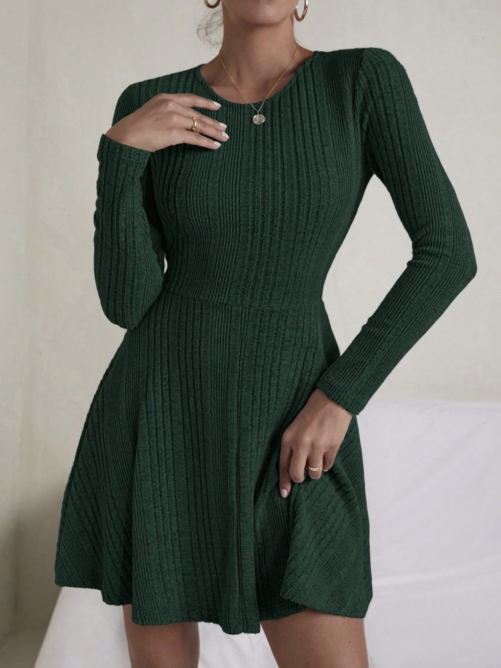 Textured Round Neck Long Sleeve Dress - Siennasass