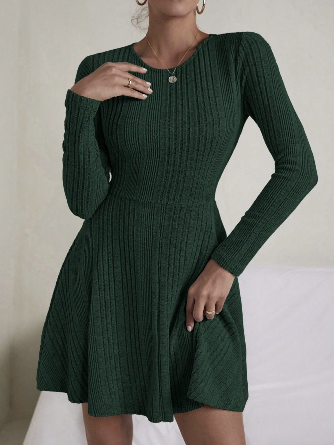 Textured Round Neck Long Sleeve Dress - Siennasass