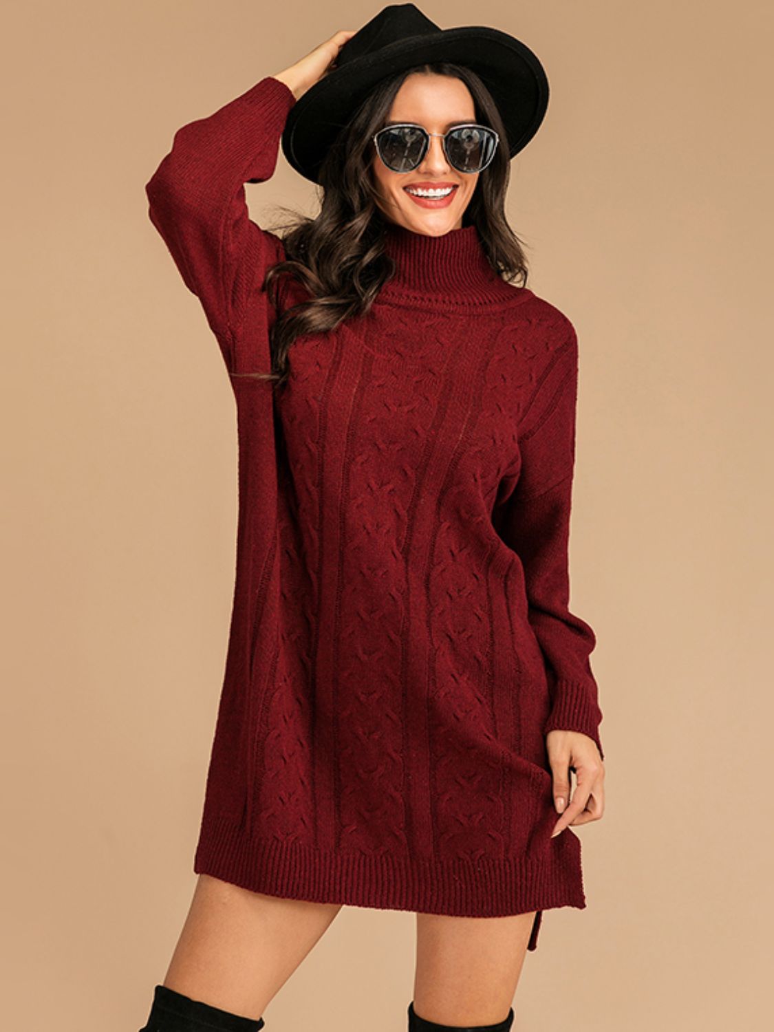 Perfee Slit Turtleneck Long Sleeve Mini Sweater Dress - Siennasass