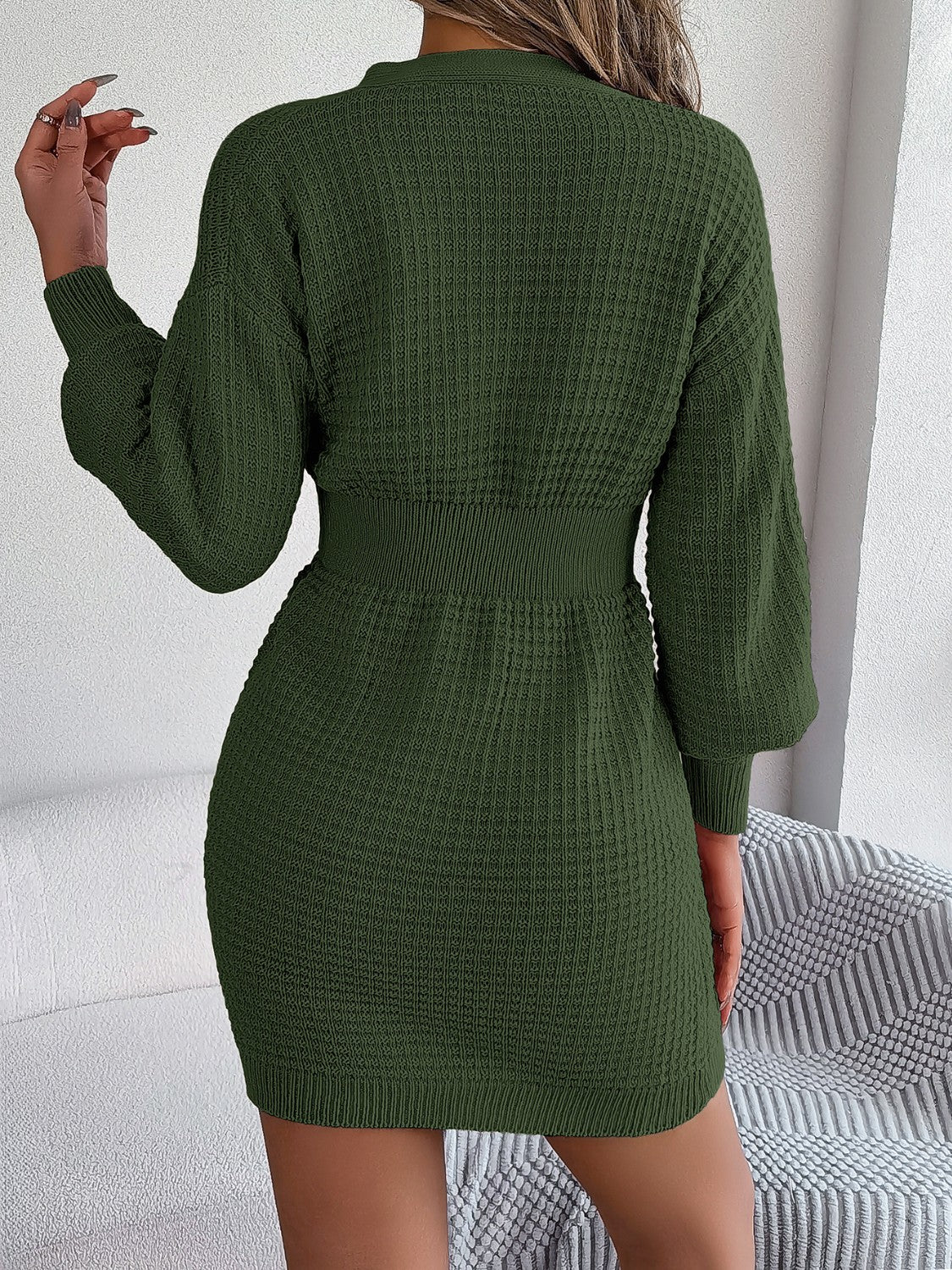 Buttoned Cable-Knit V-Neck Sweater Dress - Siennasass