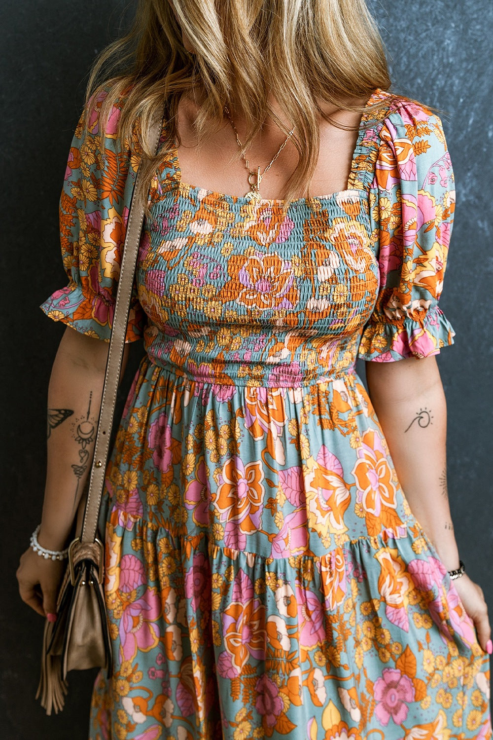 Smocked Printed Short Sleeve Dress - Siennasass