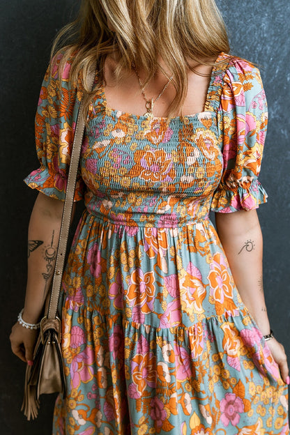 Smocked Printed Short Sleeve Dress - Siennasass