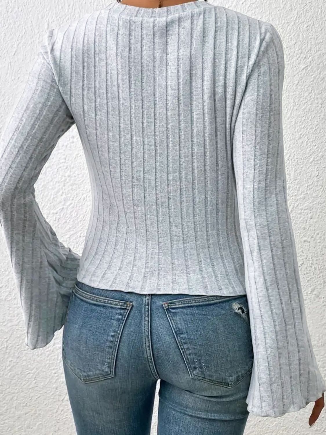 Ribbed Round Neck Flare Sleeve T-Shirt - Siennasass