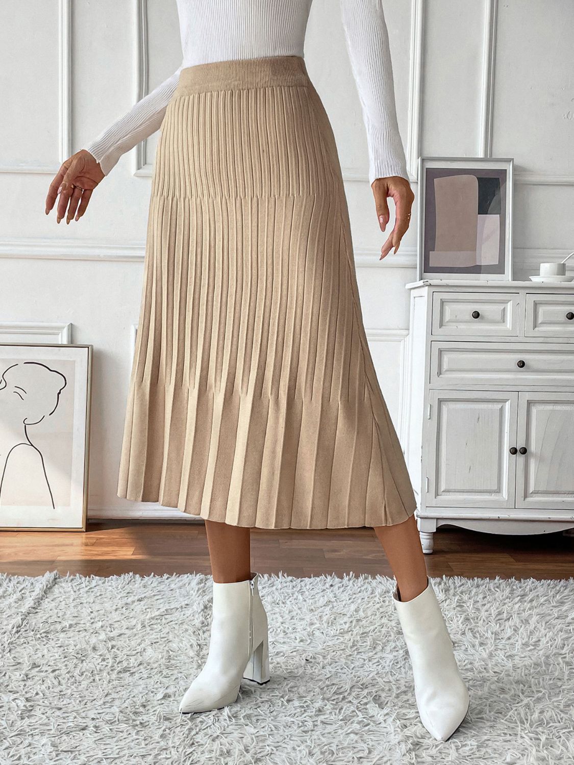 Perfee Pleated Midi Sweater Skirt - Siennasass