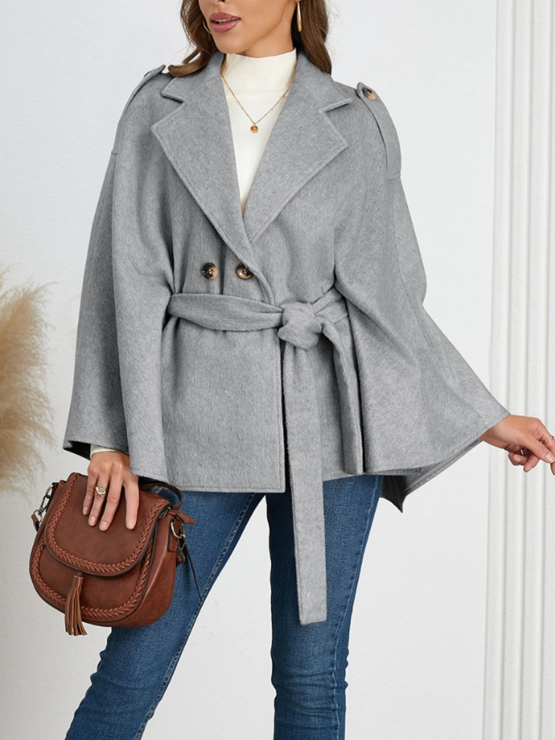 Double-Breasted Tie Waist Poncho - Siennasass
