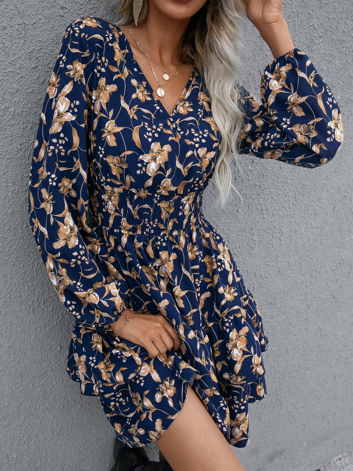 Ivy Lane Floral Layered Surplice Balloon Sleeve Dress - Siennasass