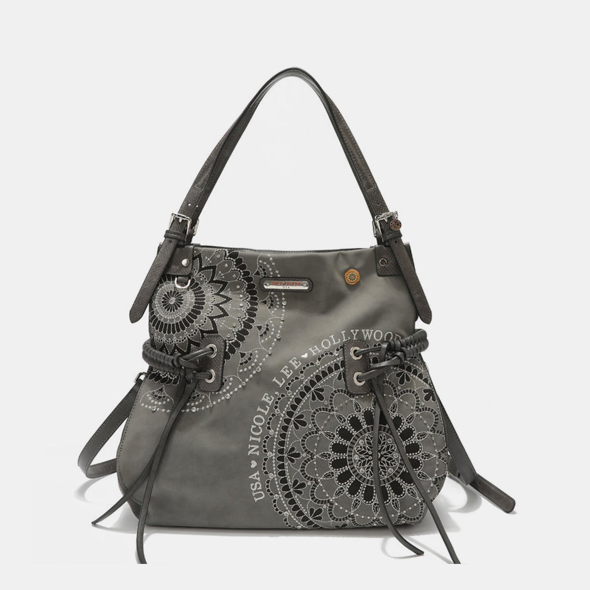 Nicole Lee USA Side Braided Tassel Inlaid Rhinestone Embroidery Hobo Bag - Siennasass
